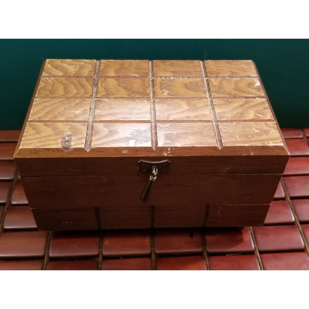 Vintage Mid Century Geometric Wooden Jewelry Box W/ Mirror & Drawer Red Velvet